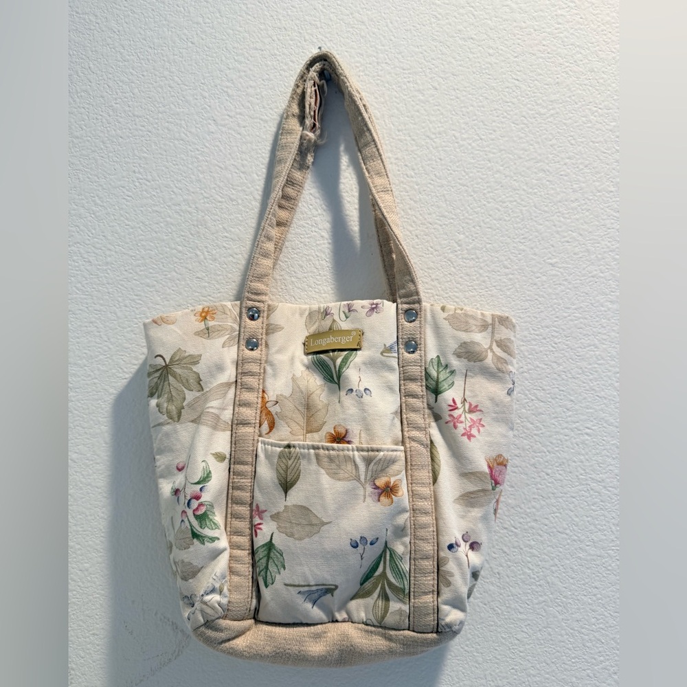 Longaberger Floral Tote Bag - Cream and Green
